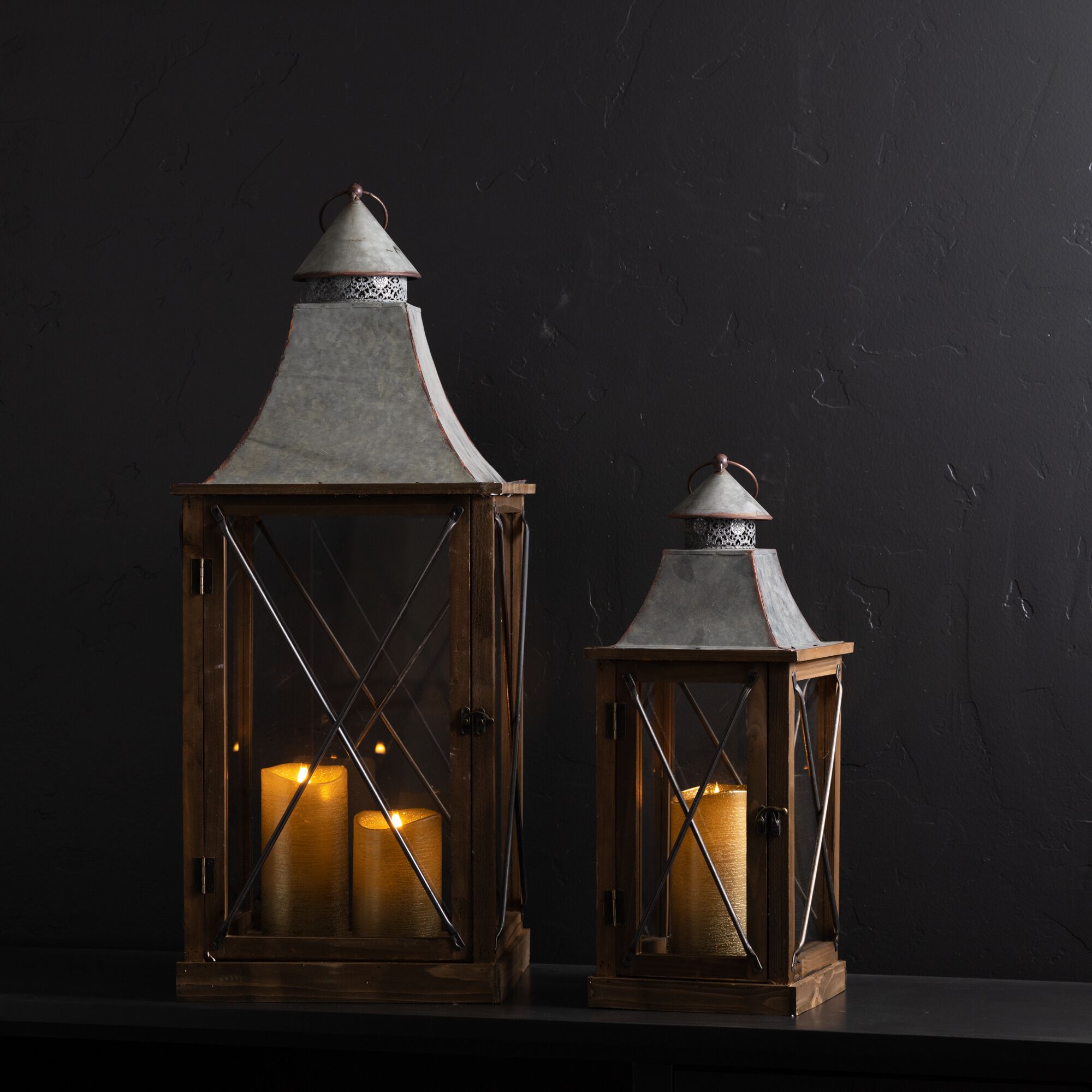 Lantern (Set of 2) 22 inchesH, 33.5 inchesH Wood/Metal, BROWN/GREY, alternate image number 2