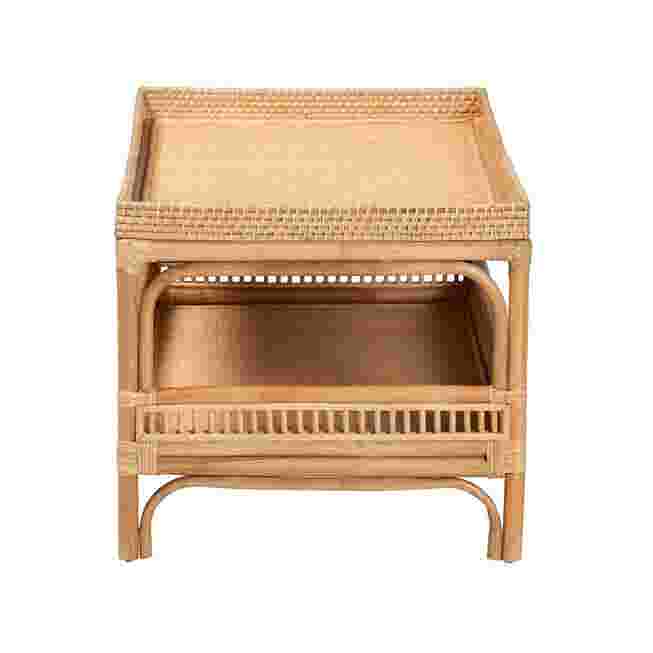 Natural rattan coffee table with a rectangular top and lower shelf.