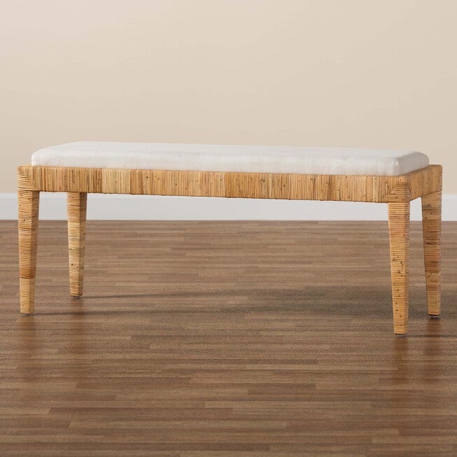 Sofia Modern Bohemian Natural Brown Rattan And Mahogany Wood Bench, , alternate image number null