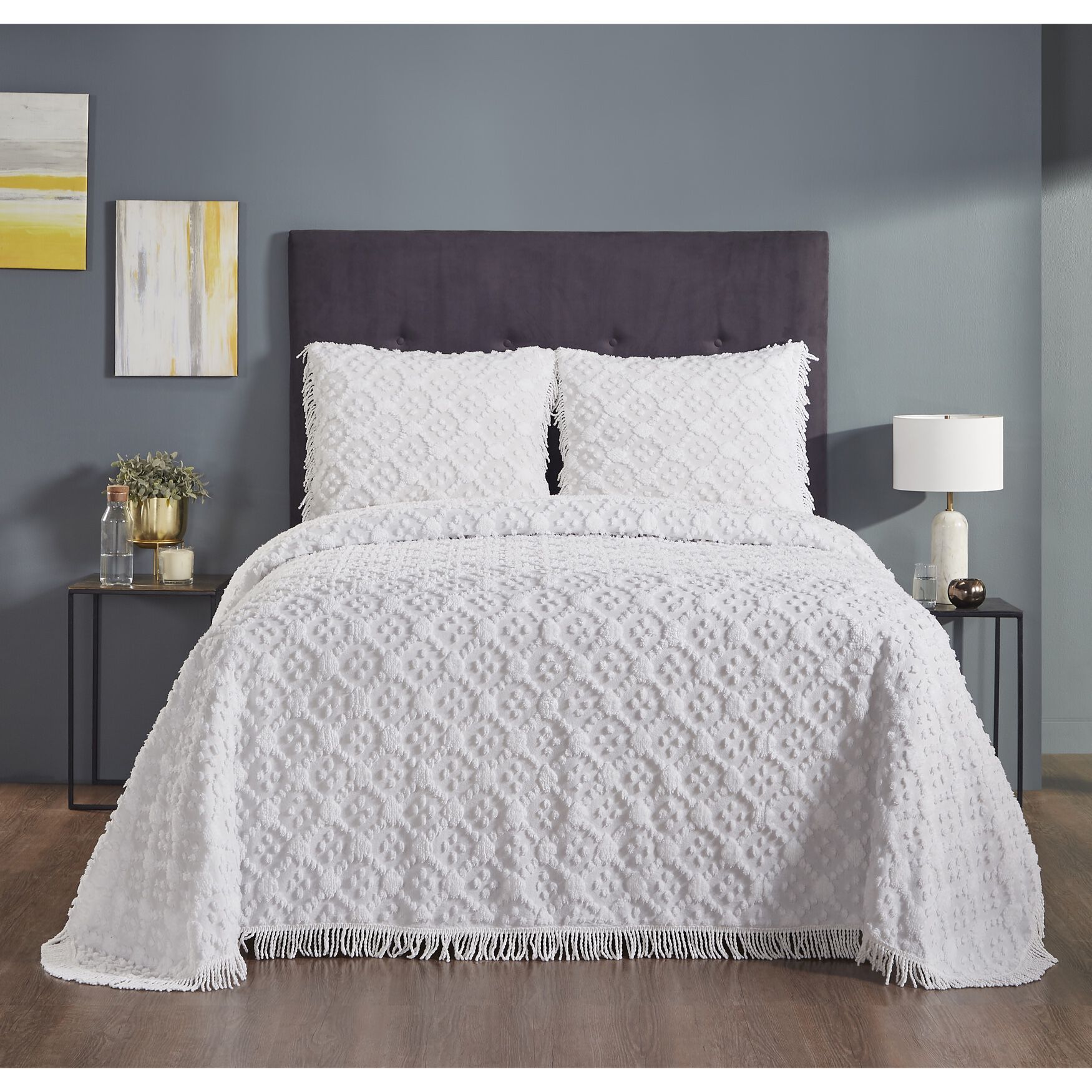 Charleston Collection 100% Cotton Geometric & Diamond Bedspread Set, WHITE, hi-res image number 0