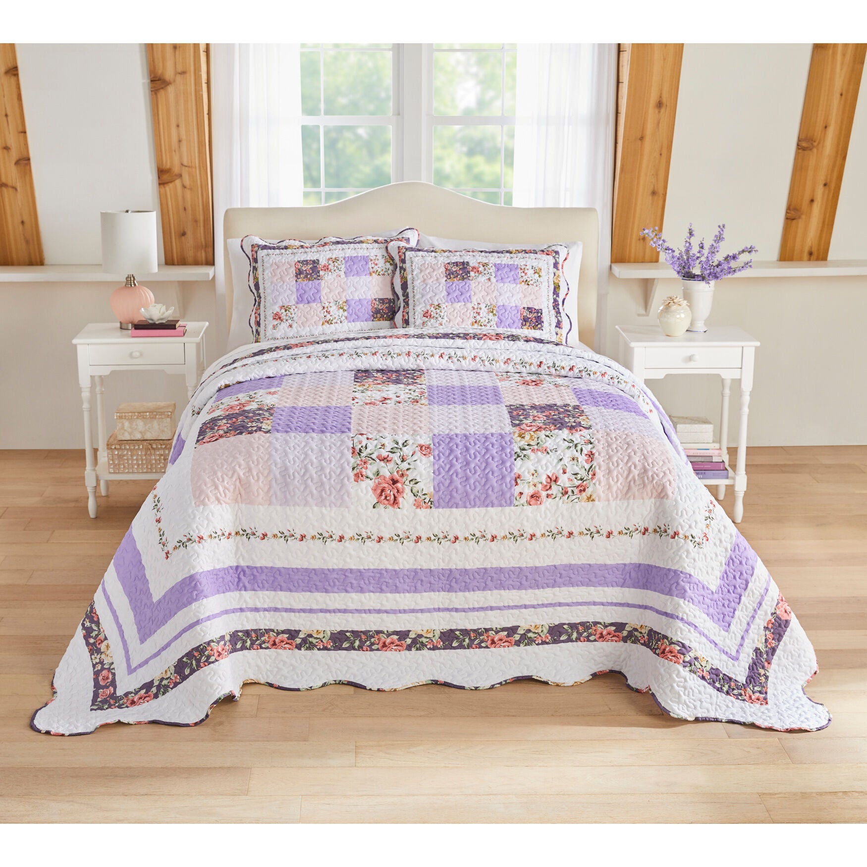3-PC Lavender Floral Patchwork Bedspread Set, PURPLE MULTI, hi-res image number 0