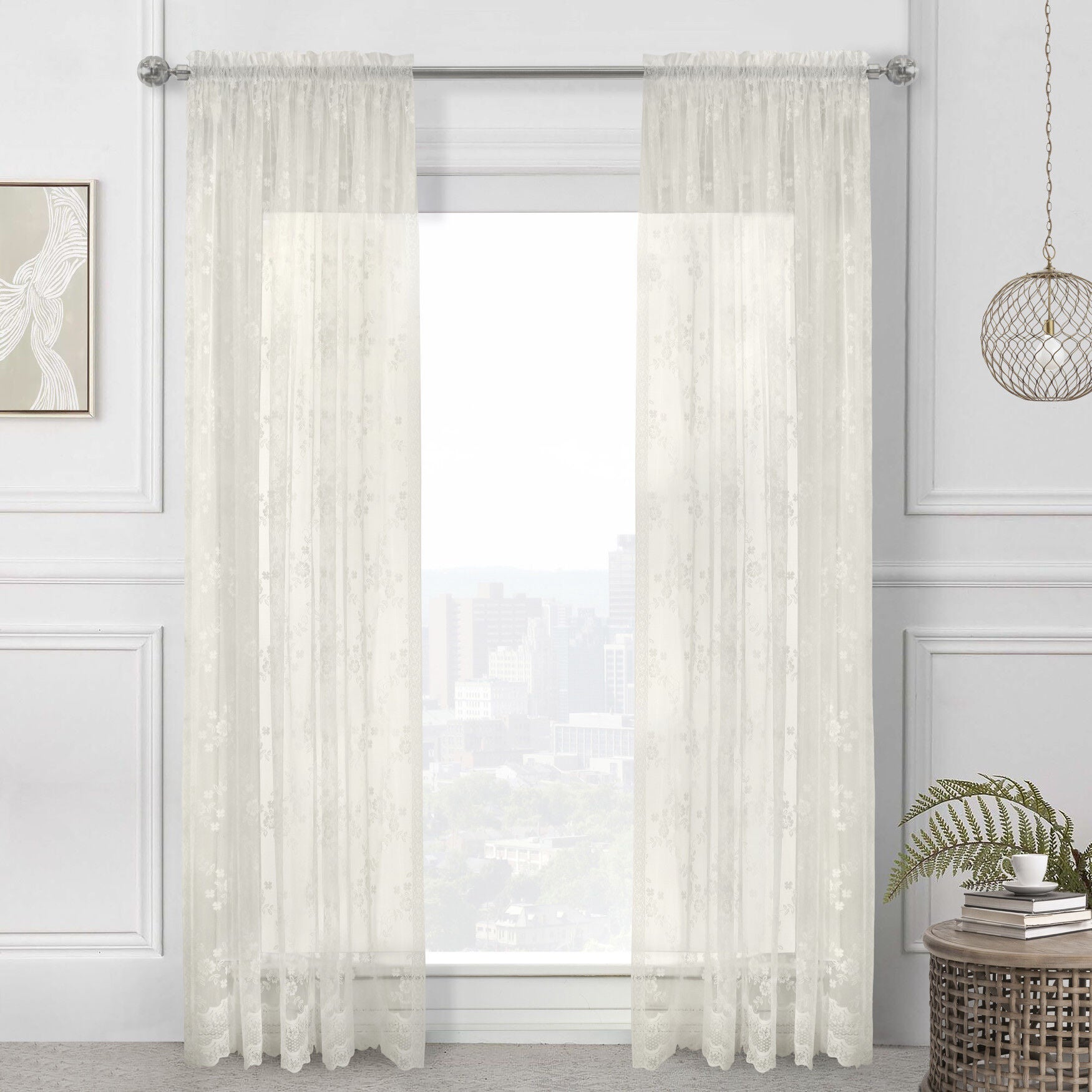 Mona Lisa Sheer Rod Pocket Curtain Panel, EGGSHELL, hi-res image number 0