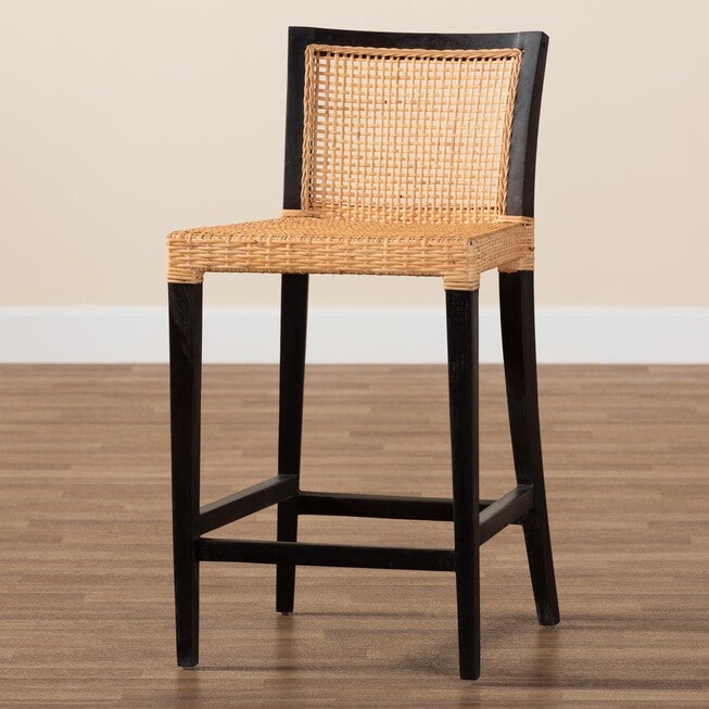Lingga Modern Bohemian Dark Brown Mahogany Wood And Natural Rattan Counter Stool, , alternate image number null