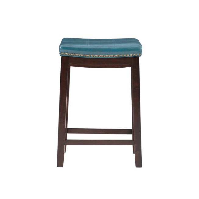 Claridge faux leather bar stool with teal upholstered seat and nailhead trim