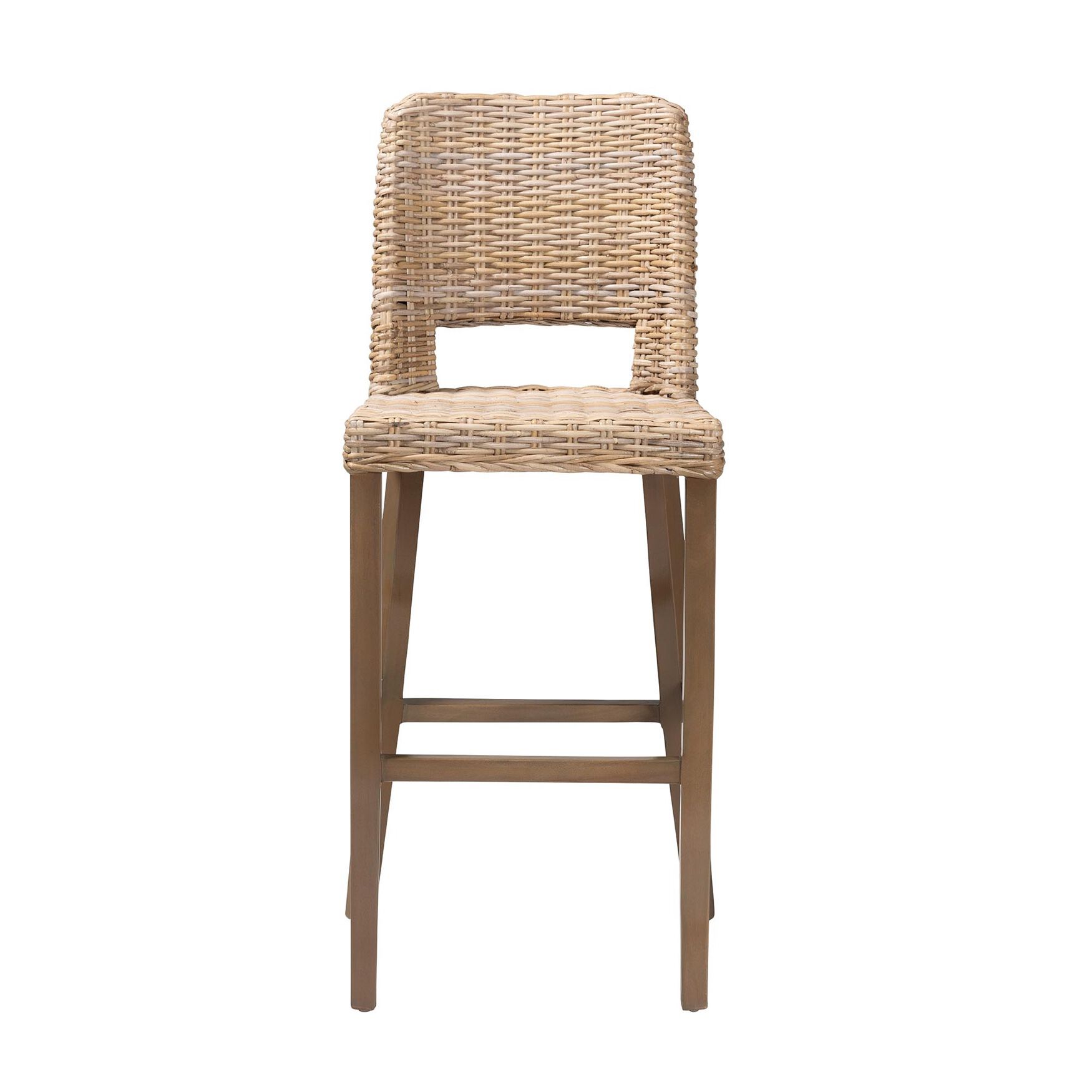 Rattan and mahogany bar stool with woven back and seat.