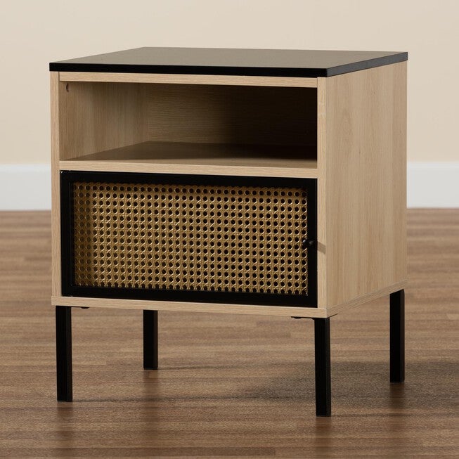 Felton Mid-Century Modern Two-Tone Black And Gold Metal And Light Brown Finished Wood 1-Door End Table, , alternate image number 8
