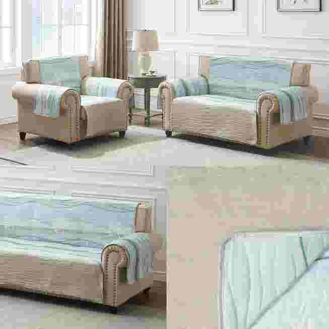 Multiple views of quilted sofa furniture protector in light blue with brown/tan trim