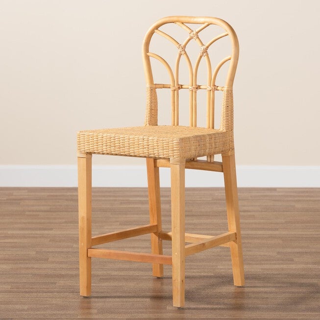 Monaco Modern Bohemian Natural Rattan And Mahogany Wood Counter Stool, , alternate image number 8