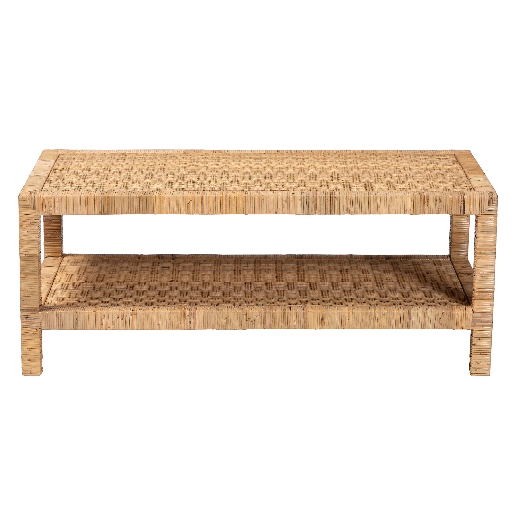 Kalimantan Bohemian Light Honey Rattan and Mahogany Wood Rectangle Coffee Table, HONEY, alternate image number 2