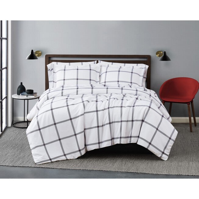 Printed Windowpane 3-Piece Duvet Cover Set, WHITE CHARCOAL GREY, hi-res image number null
