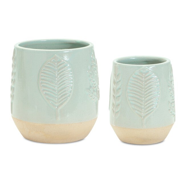 Two-Tone Porcealin Planter with Leaf Design (Set of 2), GREEN/TAN, alternate image number null