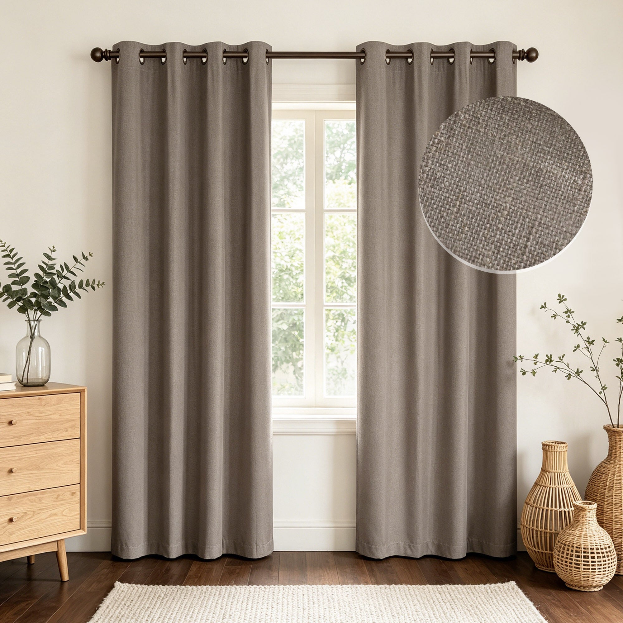 Linen Slub 100% Blackout Grommet Pair, COFFEE, hi-res image number 0