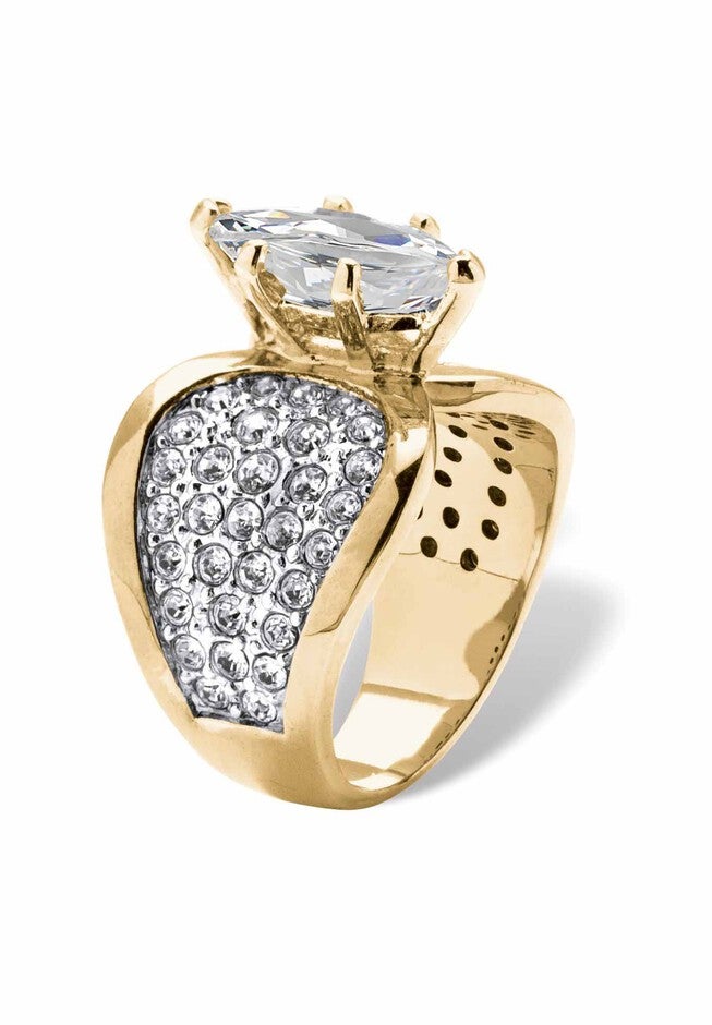 Yellow Gold Plated Cubic Zirconia and Round Crystals Cocktail Ring, , on-hover image number 1