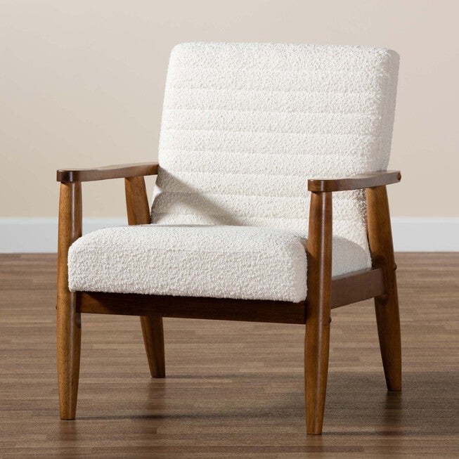 Stratton Mid-Century Modern Cream Boucle Fabric And Walnut Brown Finished Wood Armchair, , alternate image number null