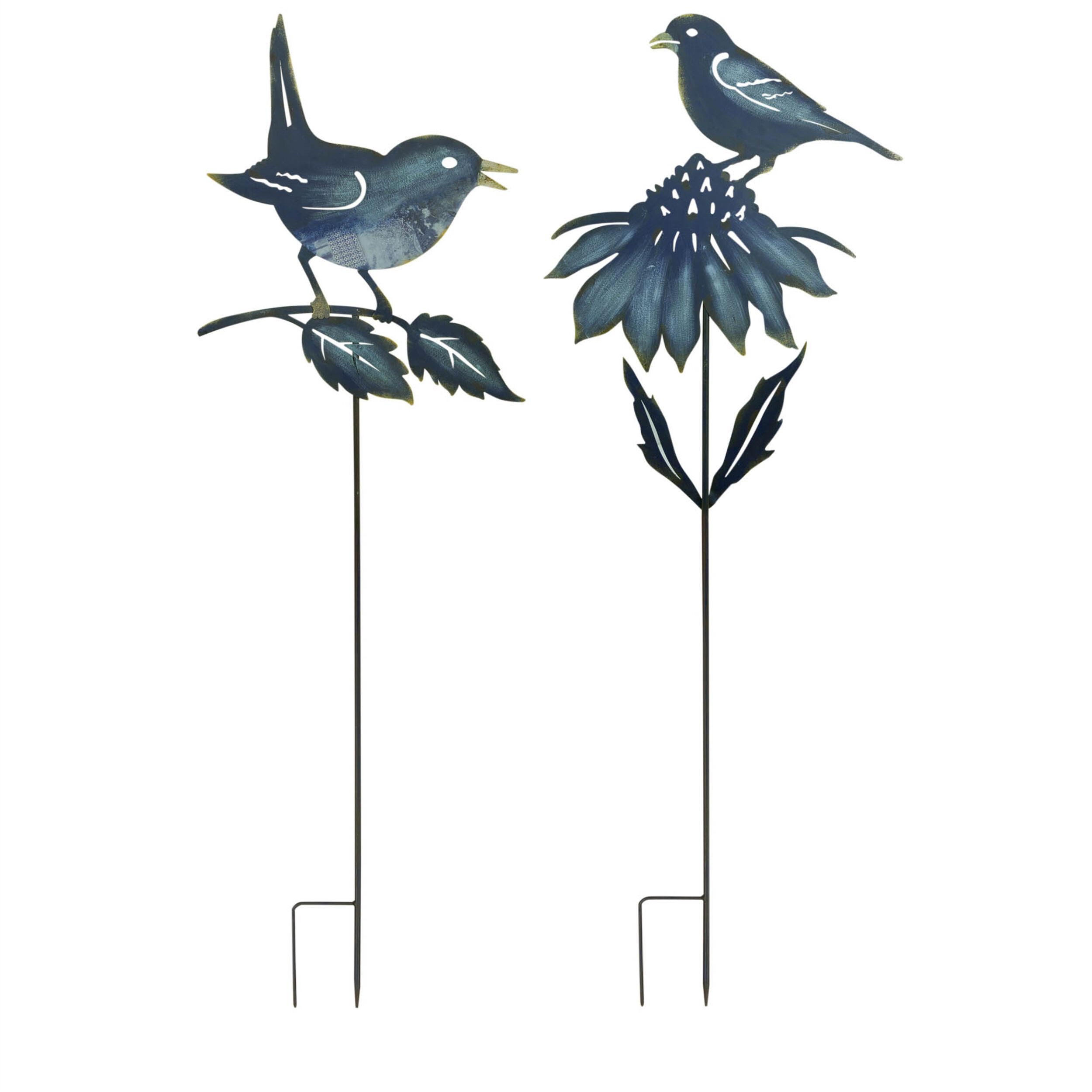 Iron Metal Cut Out Bird and Flower Garden Stake Set of 2, BLUE GOLD, hi-res image number 0