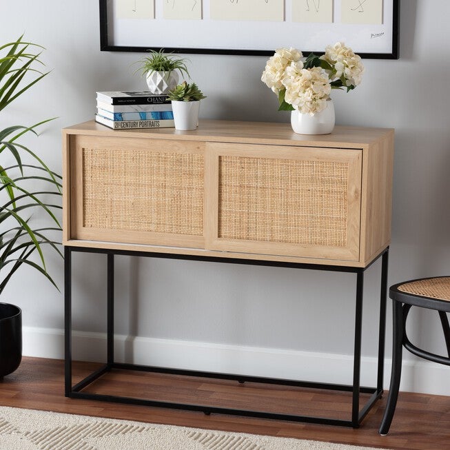 Amelia Mid-Century Modern Transitional Natural Brown Finished Wood And Natural Rattan Sideboard Buffet, , alternate image number 7