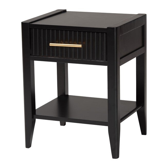 Black mid-century nightstand with fluted drawer and gold bar pull