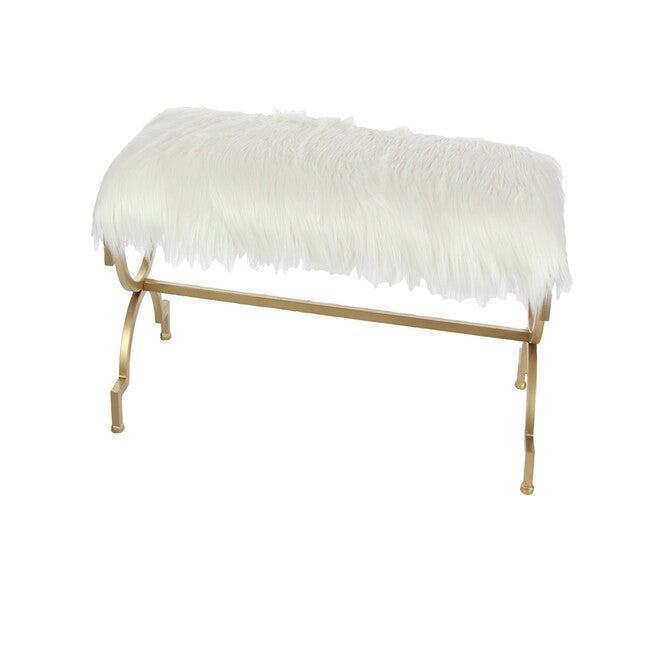 White Fur and Metal Contemporary Bench, 20x42x17, , alternate image number 3