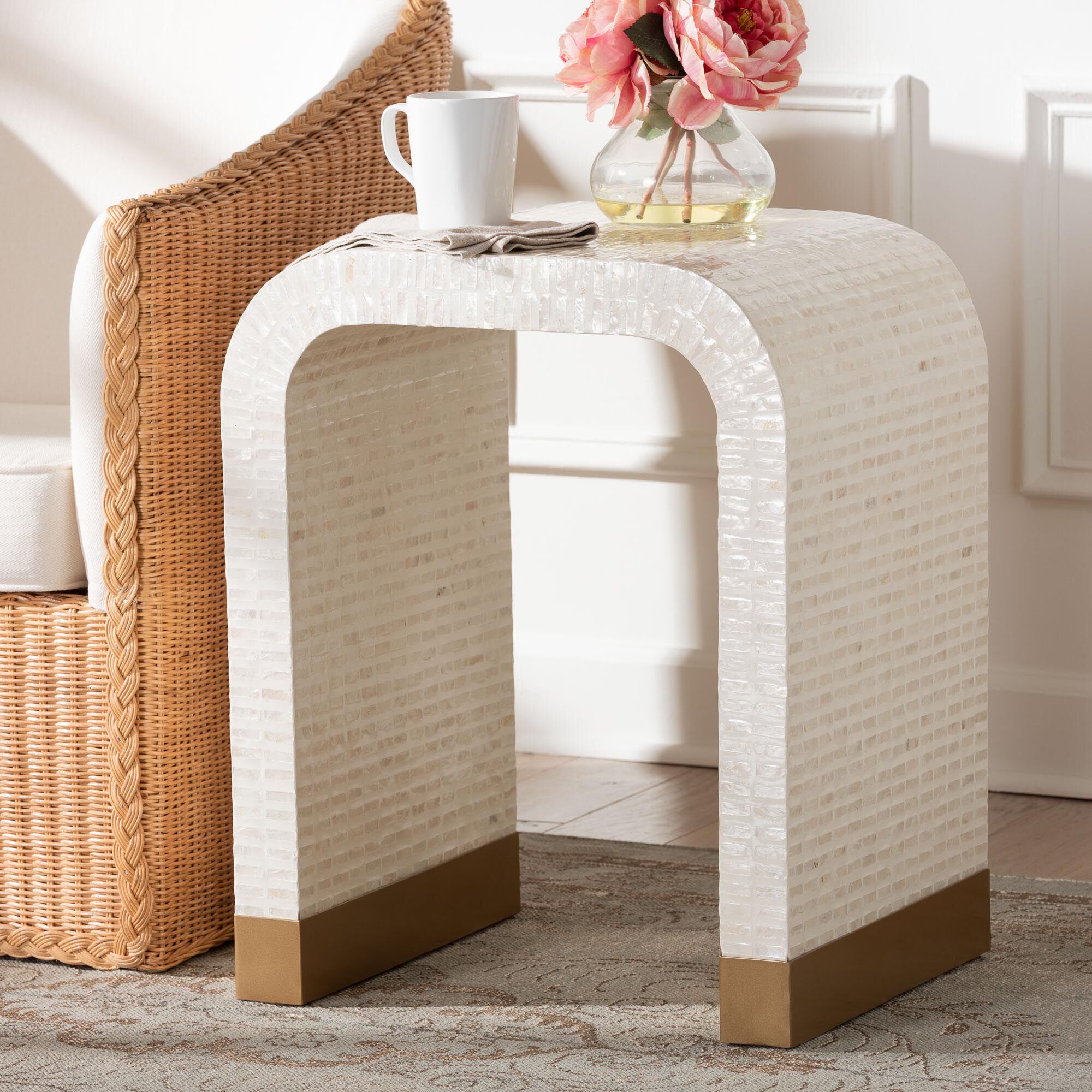 Carlyn Coastal Beige and White Mother of Pearl Capiz Shell End Table, BEIGE, hi-res image number 0
