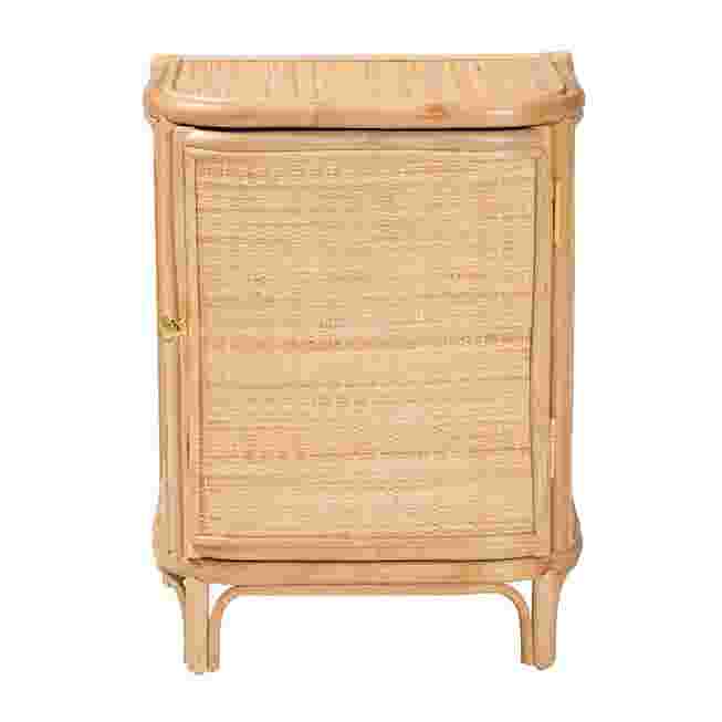 Natural rattan nightstand with a woven front panel and wooden legs.