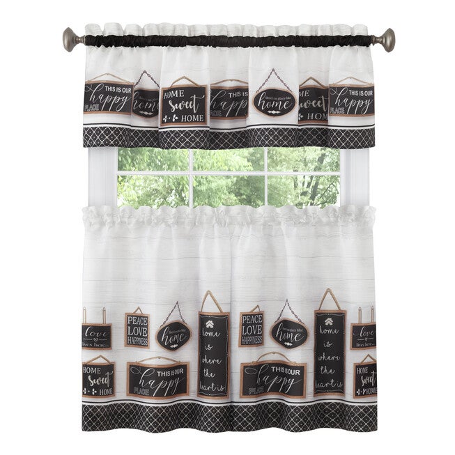 Modern Farmhouse Tier and Valance Window Curtain Set, BLACK, hi-res image number 0