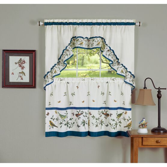 Love Birds Printed Tier and Swag Window Curtain Set, BLUE, hi-res image number null