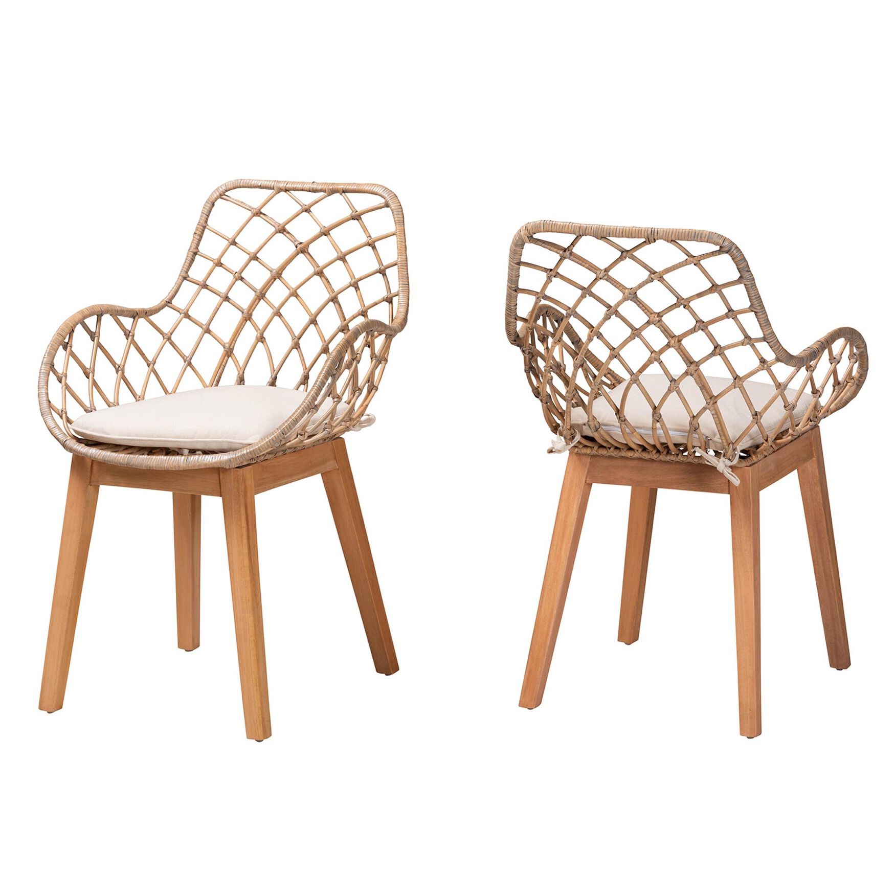 Ballerina Modern Bohemian Greywashed Rattan And Natural Brown Finished Wood 2-Piece Dining Chair Set, GREY NATURAL BROWN, hi-res image number 0