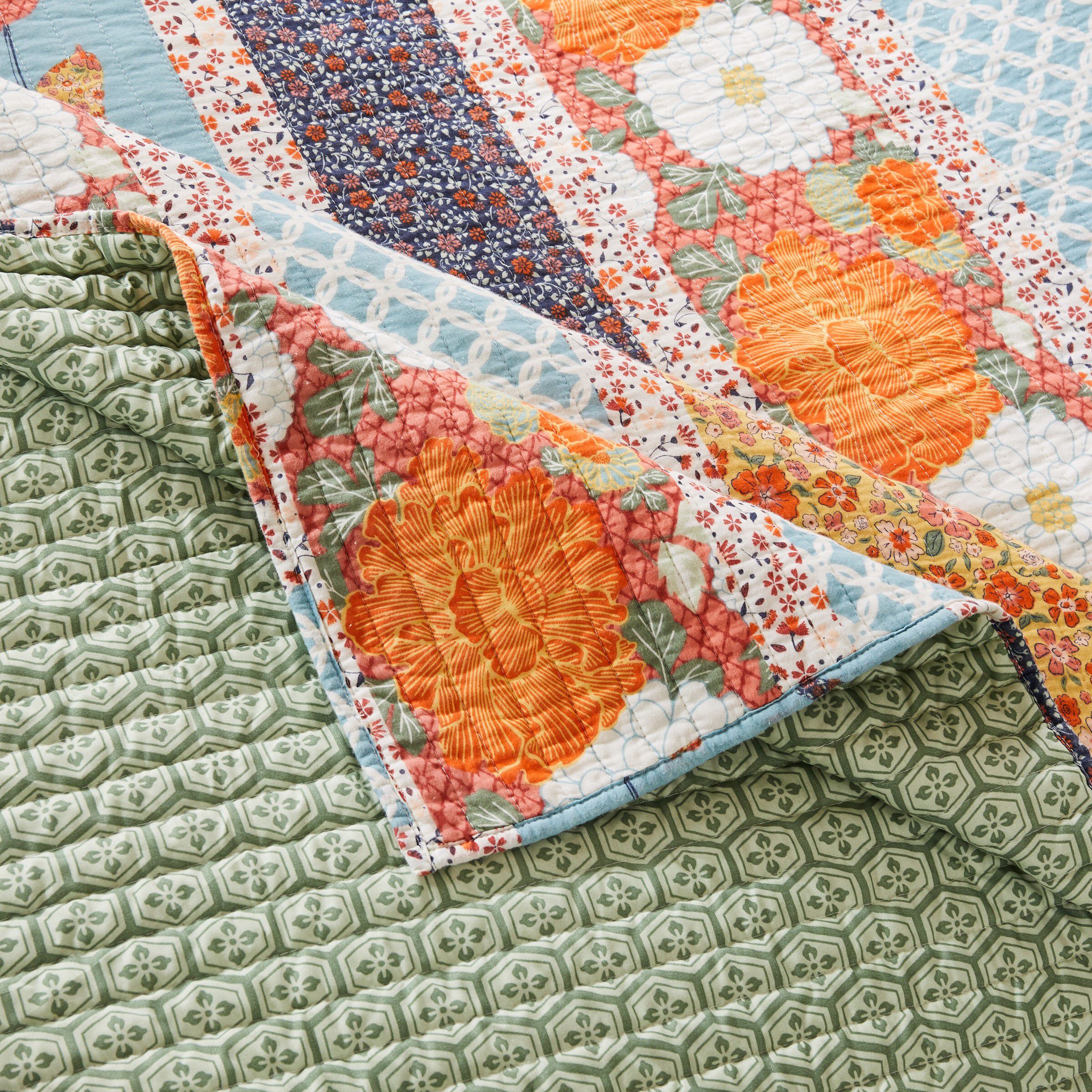 Carlie Calico Patchwork Cotton Quilt Set, CALICO STRIPE, alternate image number 4