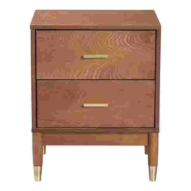 Wooden nightstand with two drawers and metal feet