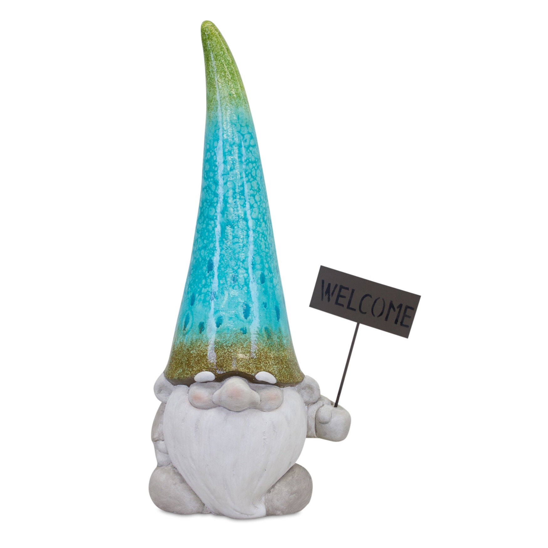 Terra Cotta Garden Gnome Statue With Welcome Sign 24 inchesH, BLUE, hi-res image number 0