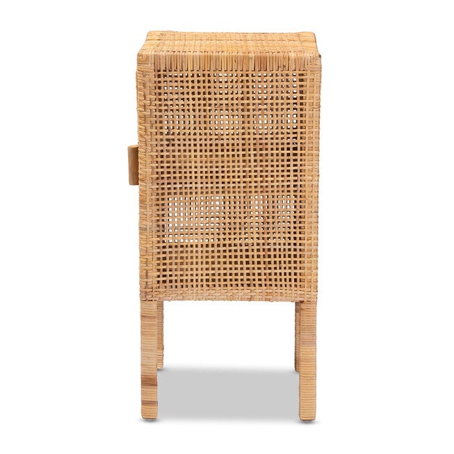 Natural rattan nightstand front view with open door handle detail.