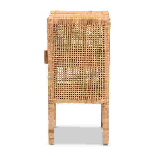 Back/right side view of rattan nightstand showing perforated panel