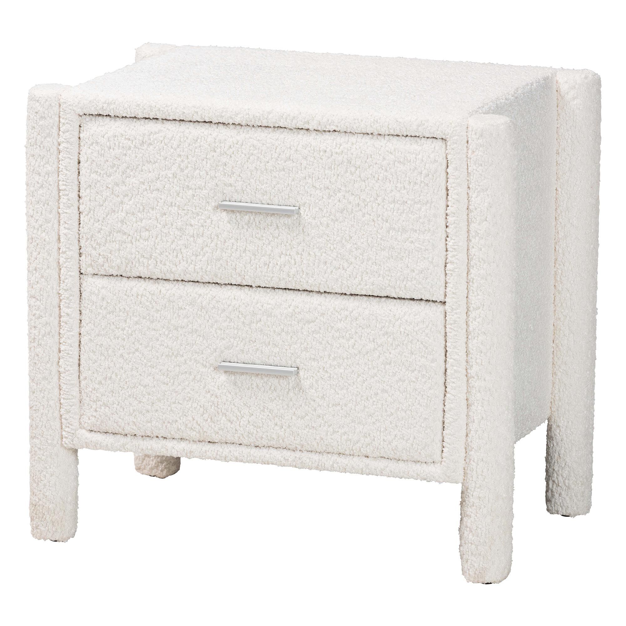 White two-drawer nightstand with a clean, minimalist design.