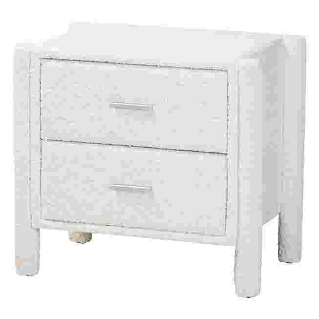 White two-drawer nightstand with a clean, minimalist design.