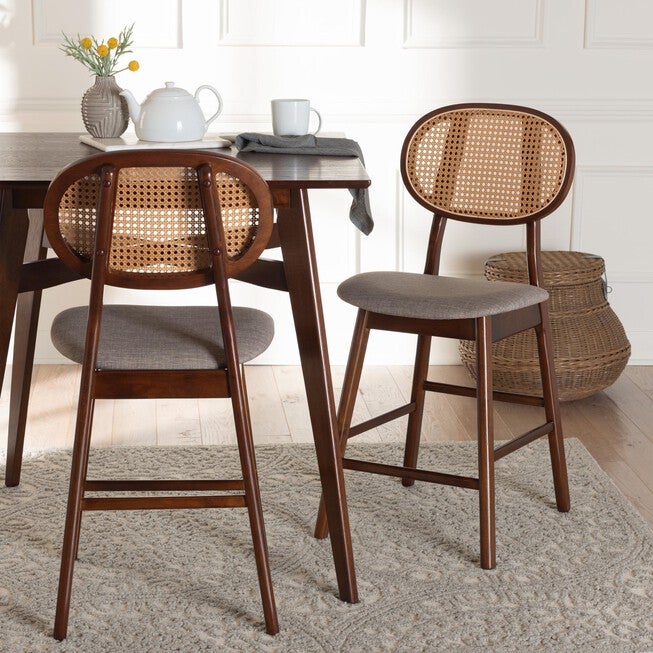 Darrion Mid-Century Modern Grey Fabric And Walnut Brown Finished Wood 2-Piece Counter Stool Set, , alternate image number null