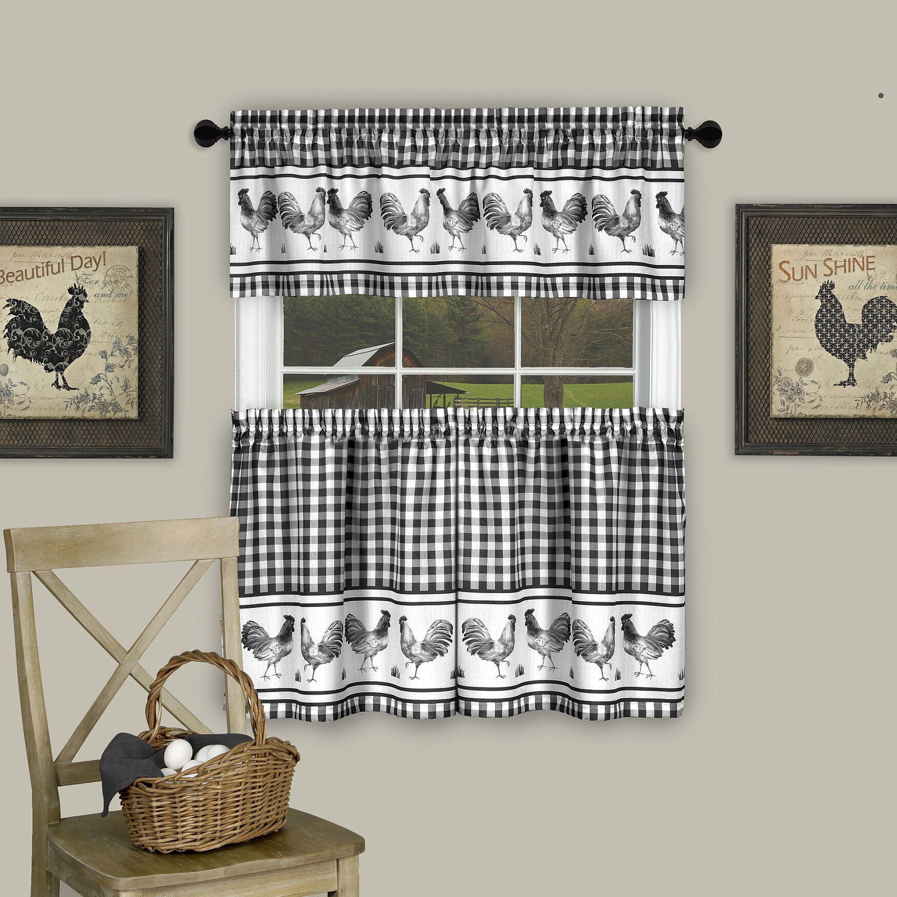 Barnyard Window Curtain Tier Pair and Valance Set, BLACK, hi-res image number 0