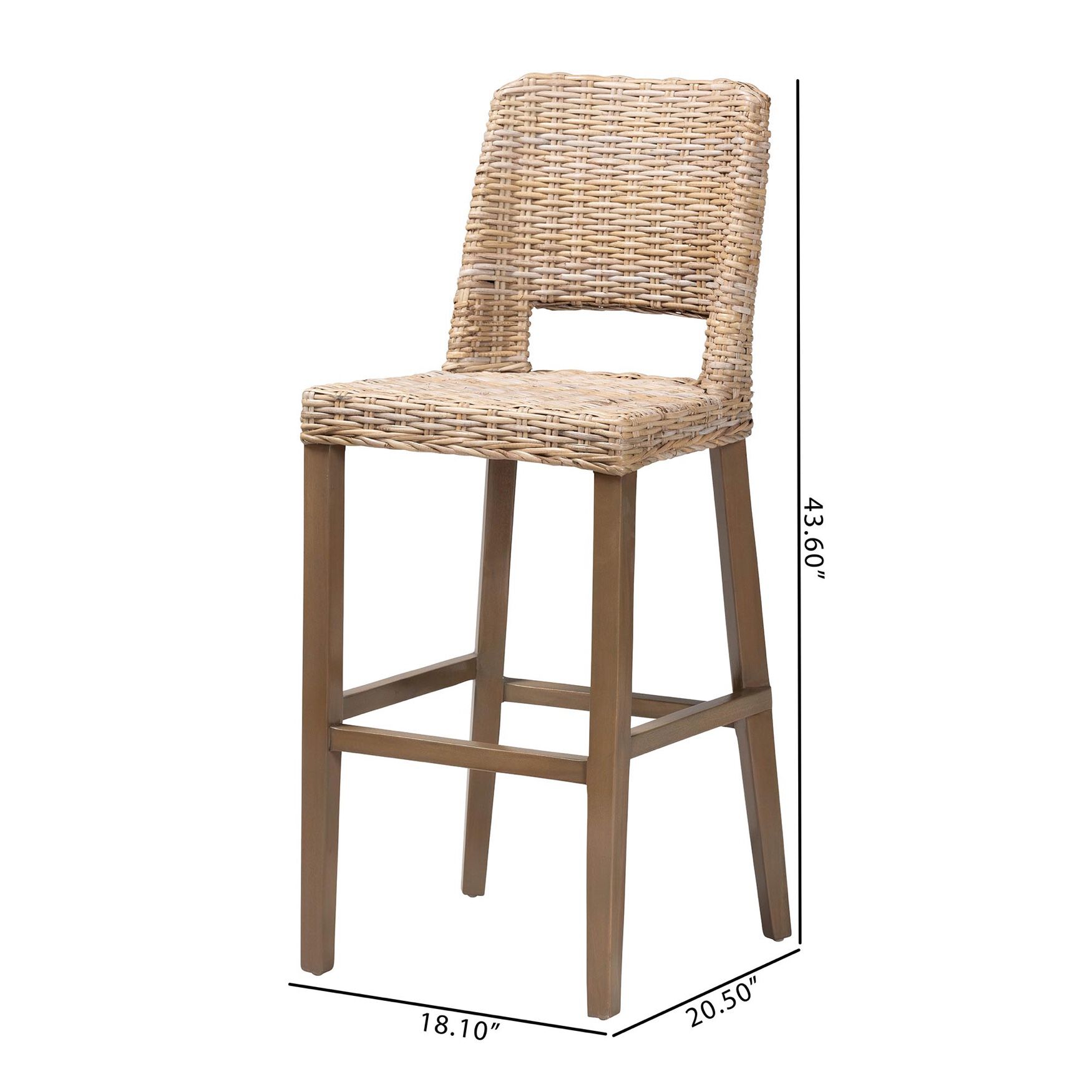 Bar stool with woven rattan back and seat shown on a size/scale layout.