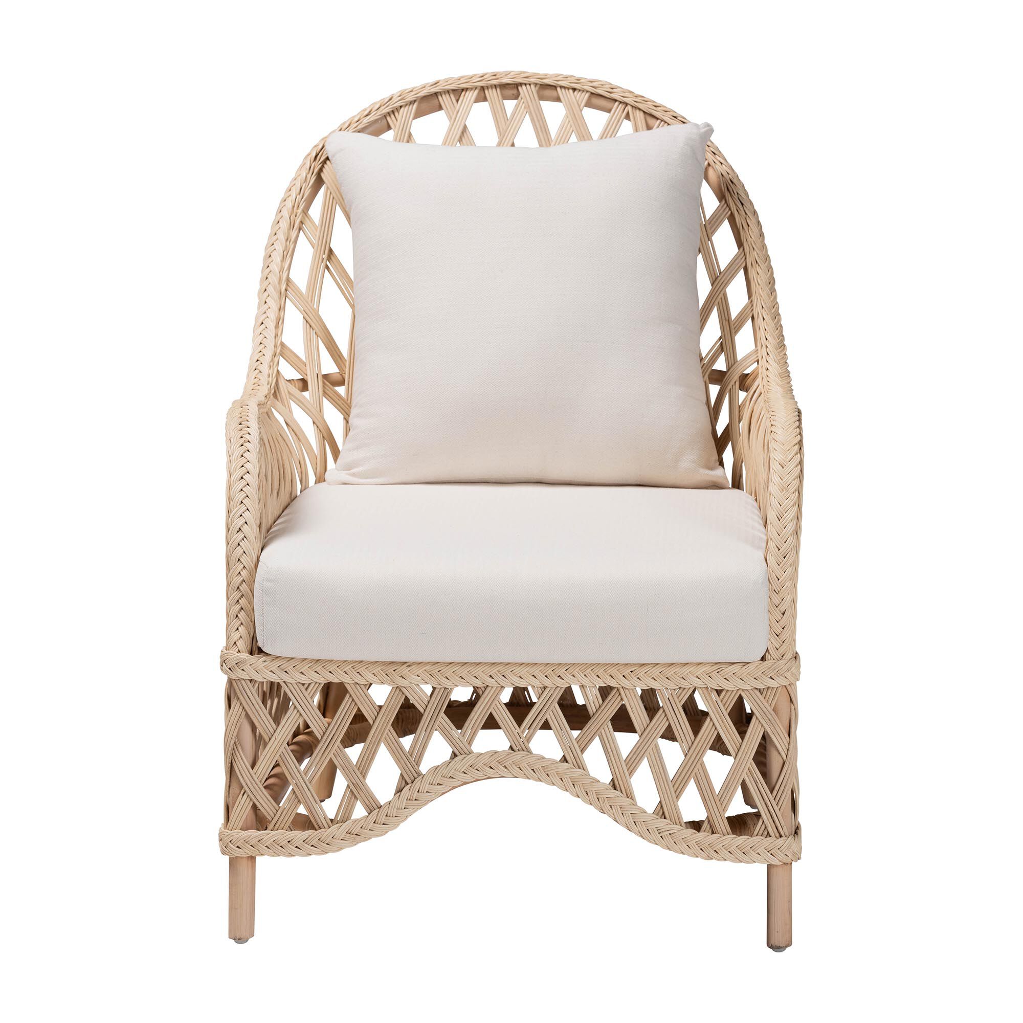 Front view of ivory braided rattan arm chair with cushions