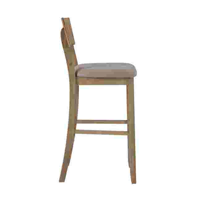 Jordan gray wash bar stool angled view with light gray fabric seat