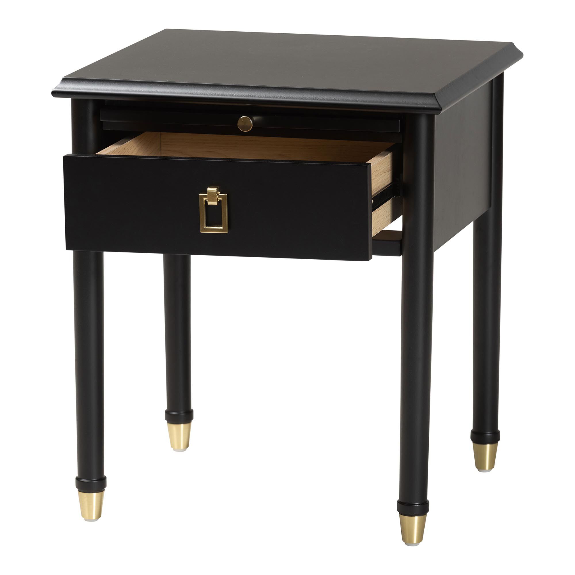 Nightstand with drawer opened showing interior shelves