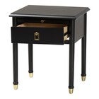 Nightstand with drawer opened showing interior shelves
