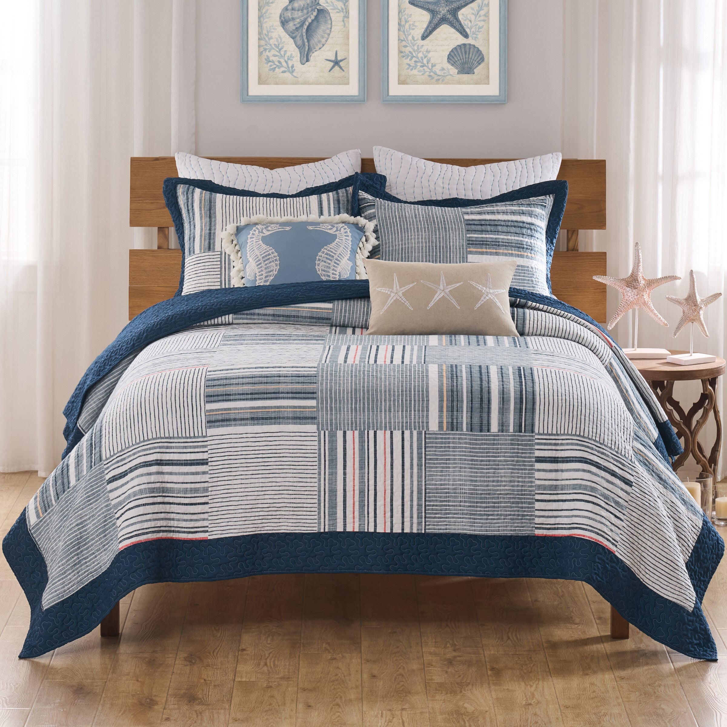 Voyage Nautical Navy Stripes Patchwork Quilt Set, MULTI, hi-res image number 0