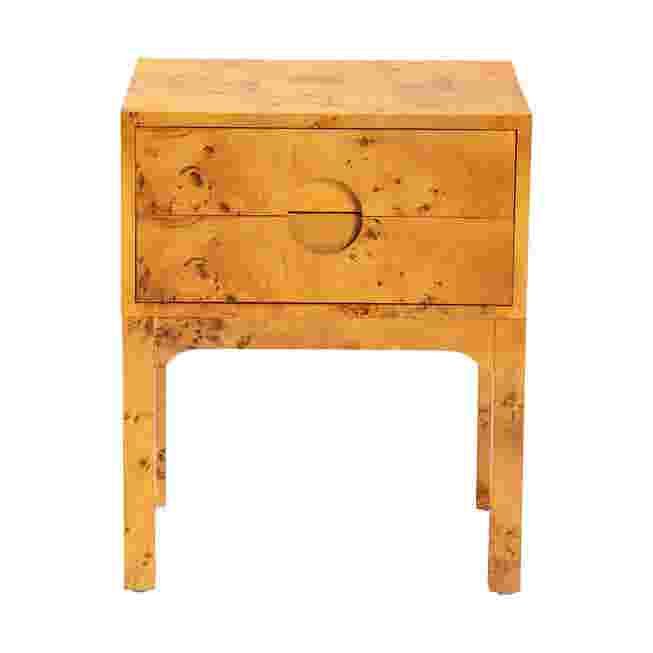 Natural light mappa burl wood nightstand with a single drawer and curved legs.