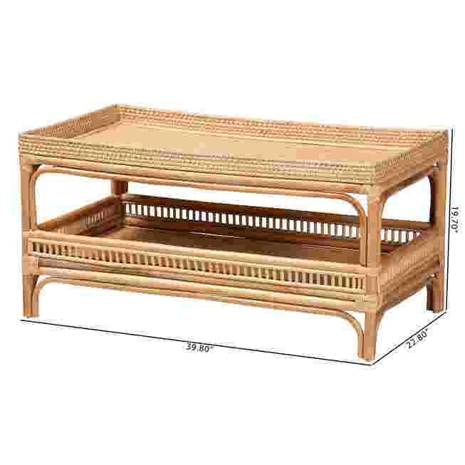 Natural rattan coffee table with dimensions labeled.