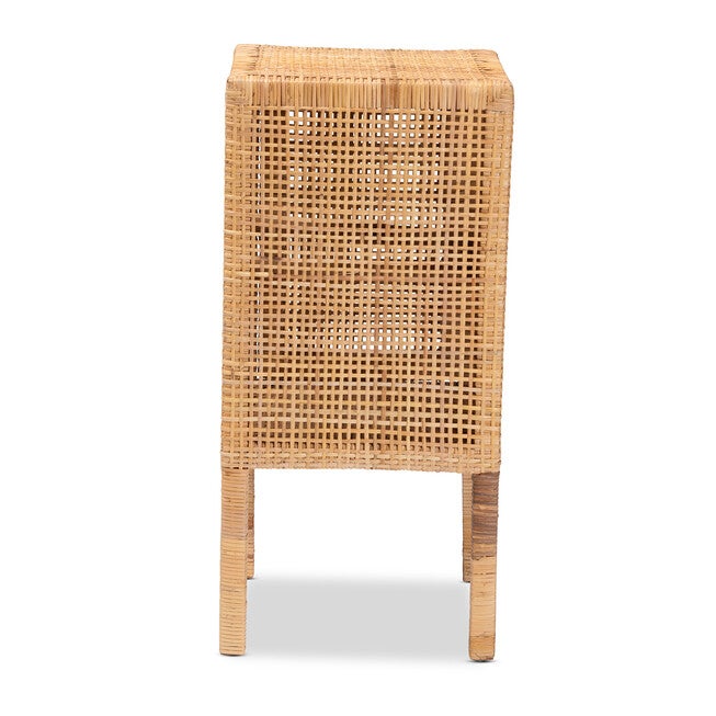 Natural brown rattan nightstand front view with woven grid door.