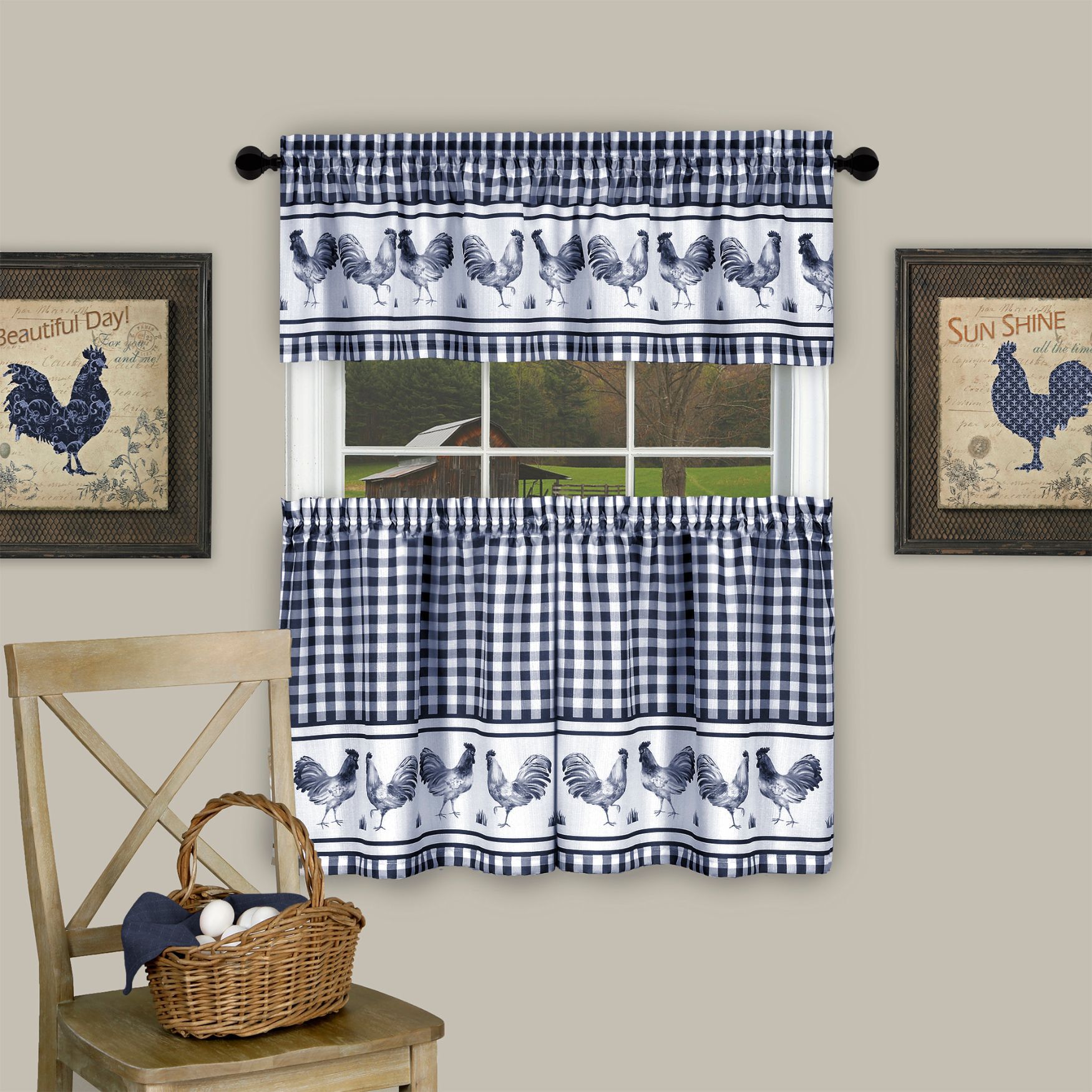 Barnyard Window Curtain Tier Pair and Valance Set, NAVY, hi-res image number 0