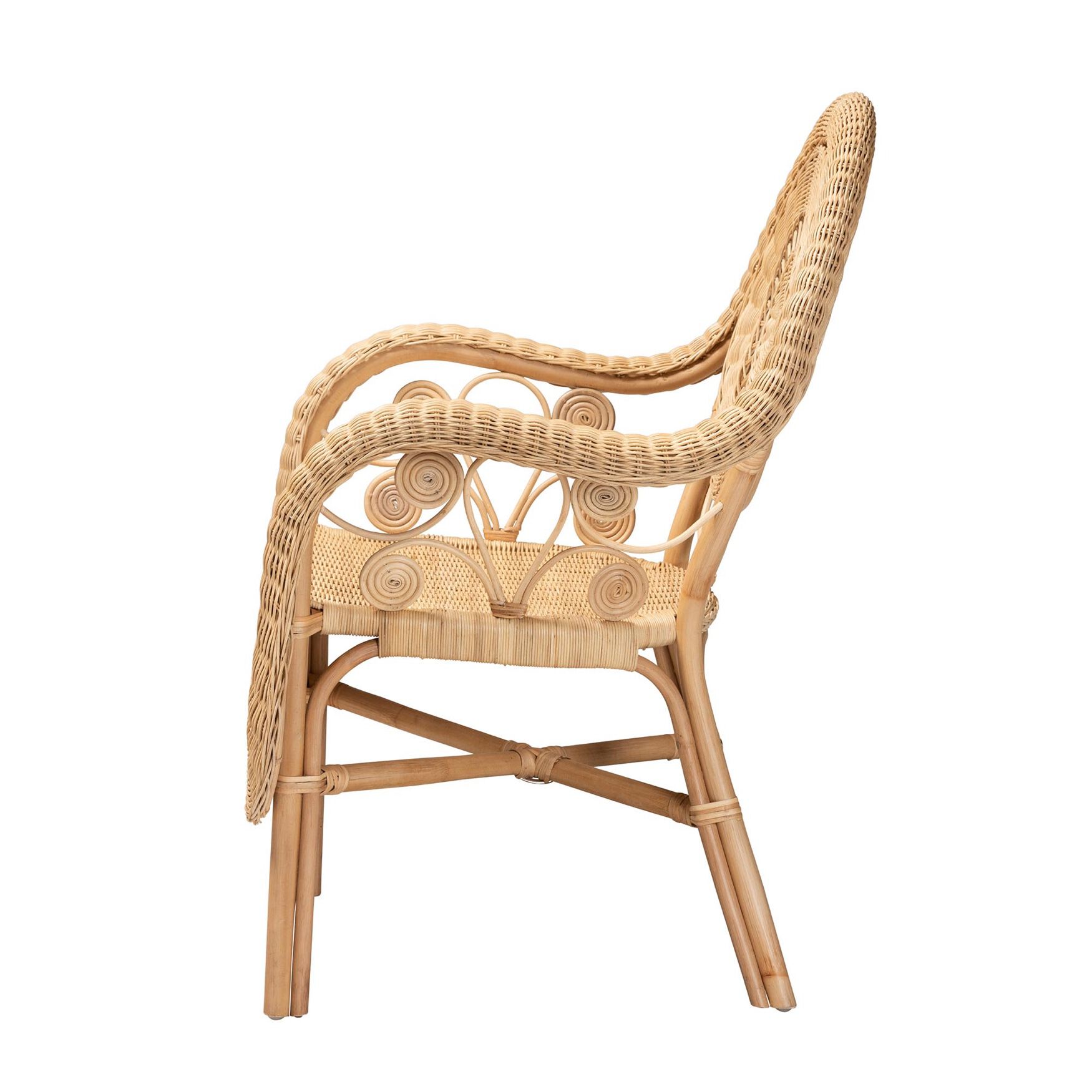 Side view of natural rattan armchair