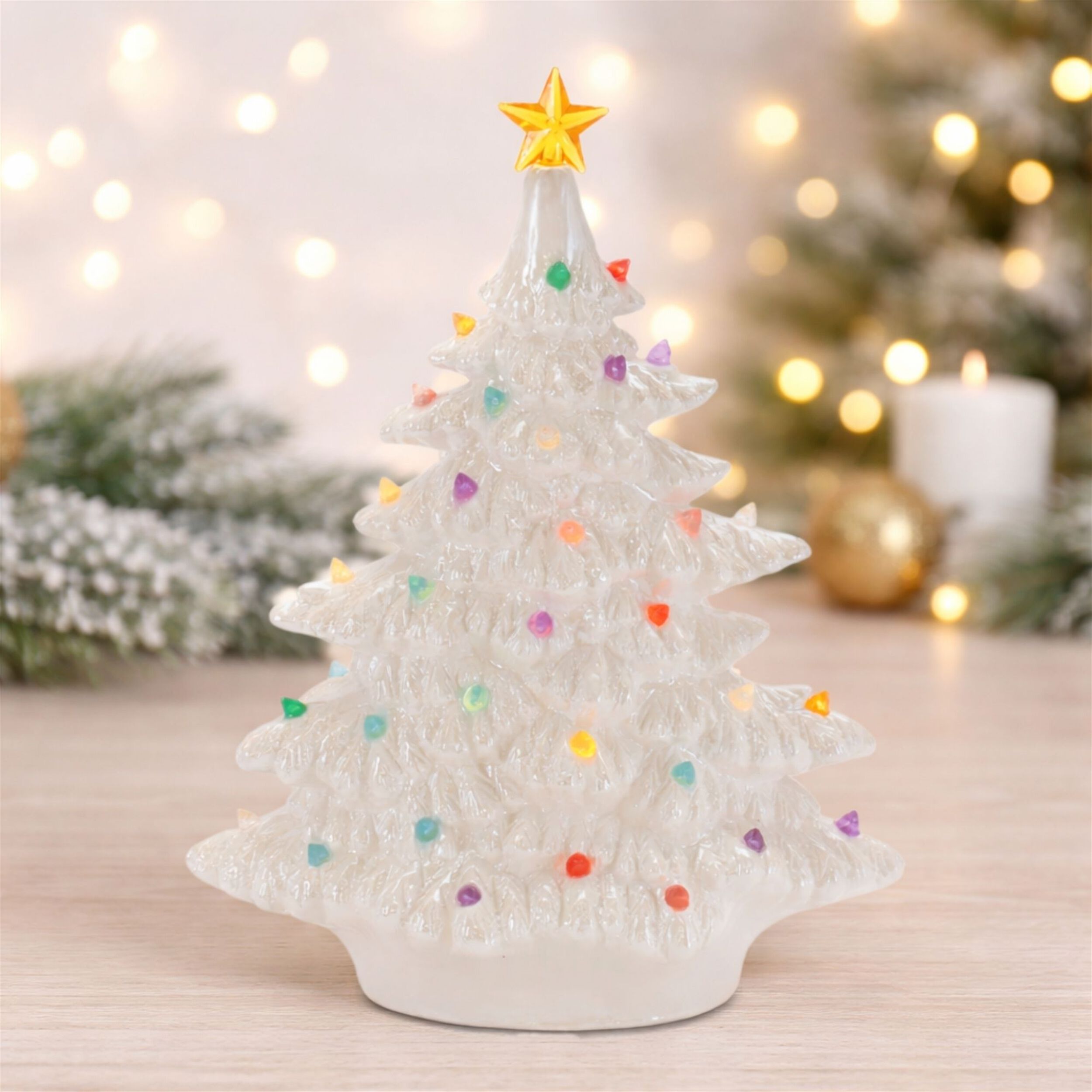 Lighted Ceramic Christmas Tree with Multicolor Bulbs 11 inchesH, WHITE, alternate image number 2