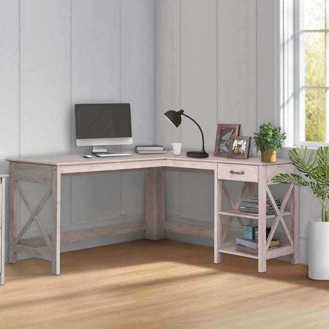 Honduras L-Shape Desk with 1 Drawer and 1 Open Shelf, GRAY, hi-res image number 0