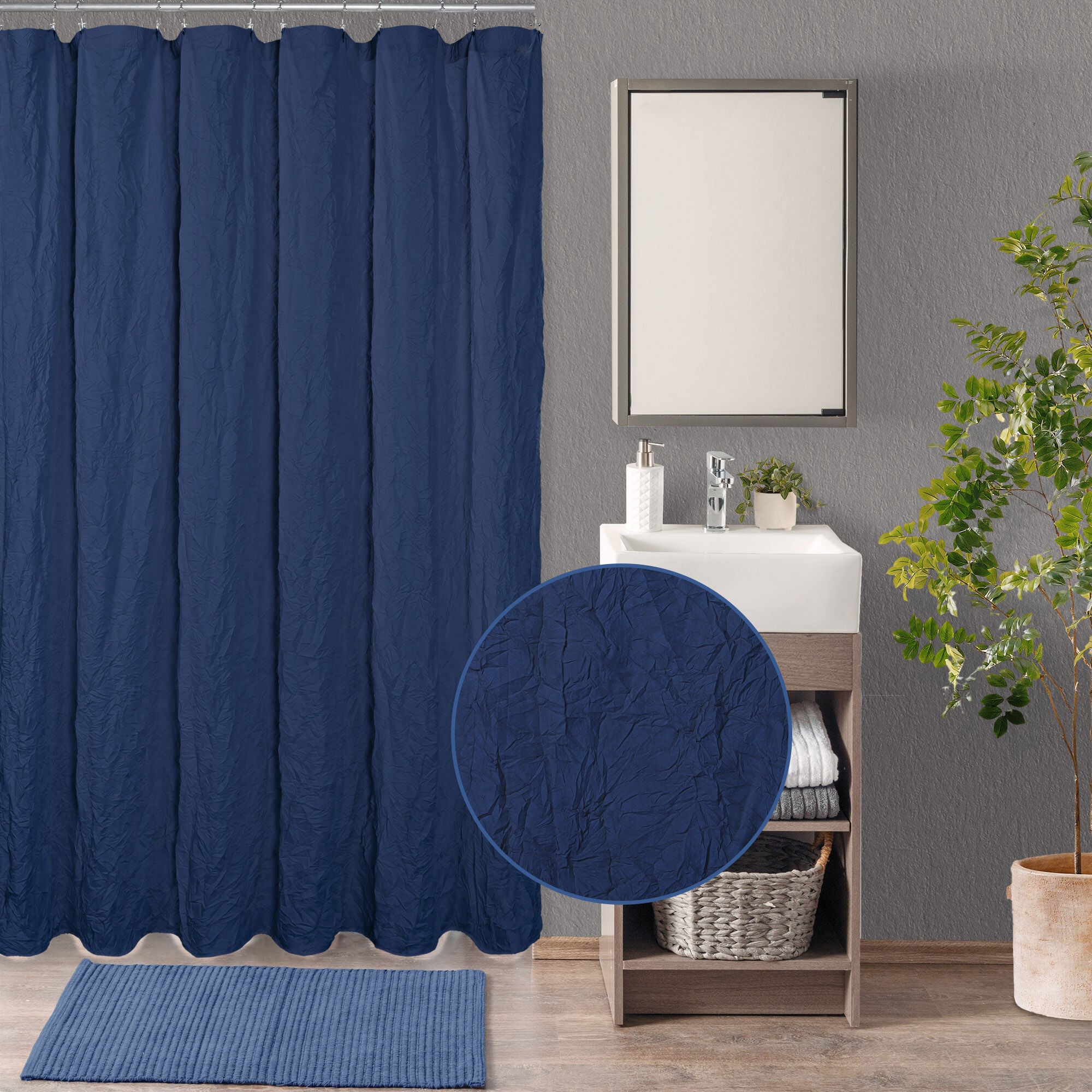 Crinkle Eco-friendly Water Repellent Solid Texture Shower Curtain, NAVY, hi-res image number 0